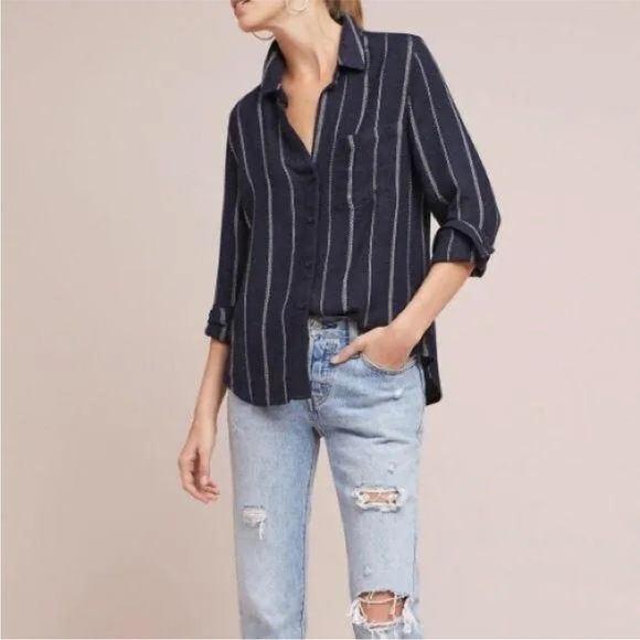 Anthropologie Cloth & Stone Tulane Navy Blue & White Stripe Button Front Shirt S - Picture 2 of 8